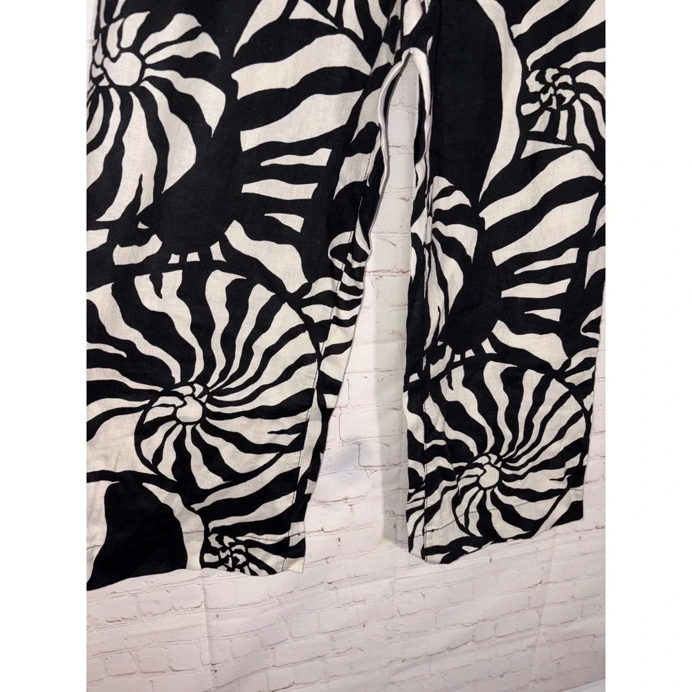 HM Premium Selection Natural Linen Wide Leg Pants Black White Swirl Shell M